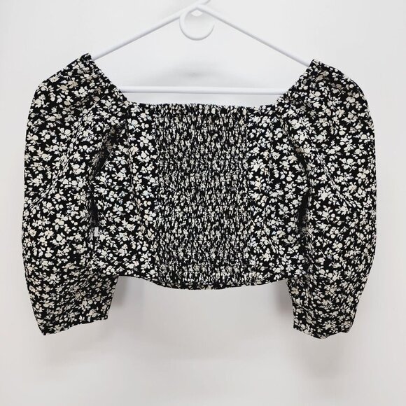 Levi's Floral Cropped Top Women's Size S Black Beige Square Neck Puff Sleeves - Picture 2 of 11